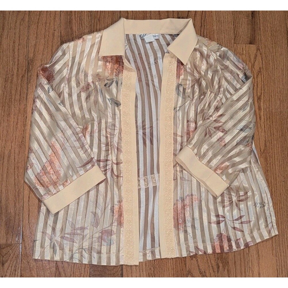 Vintage‎ 14W Sheer Floral Blouse Gold Stripe Coquette Boho Cottagecore Romantic